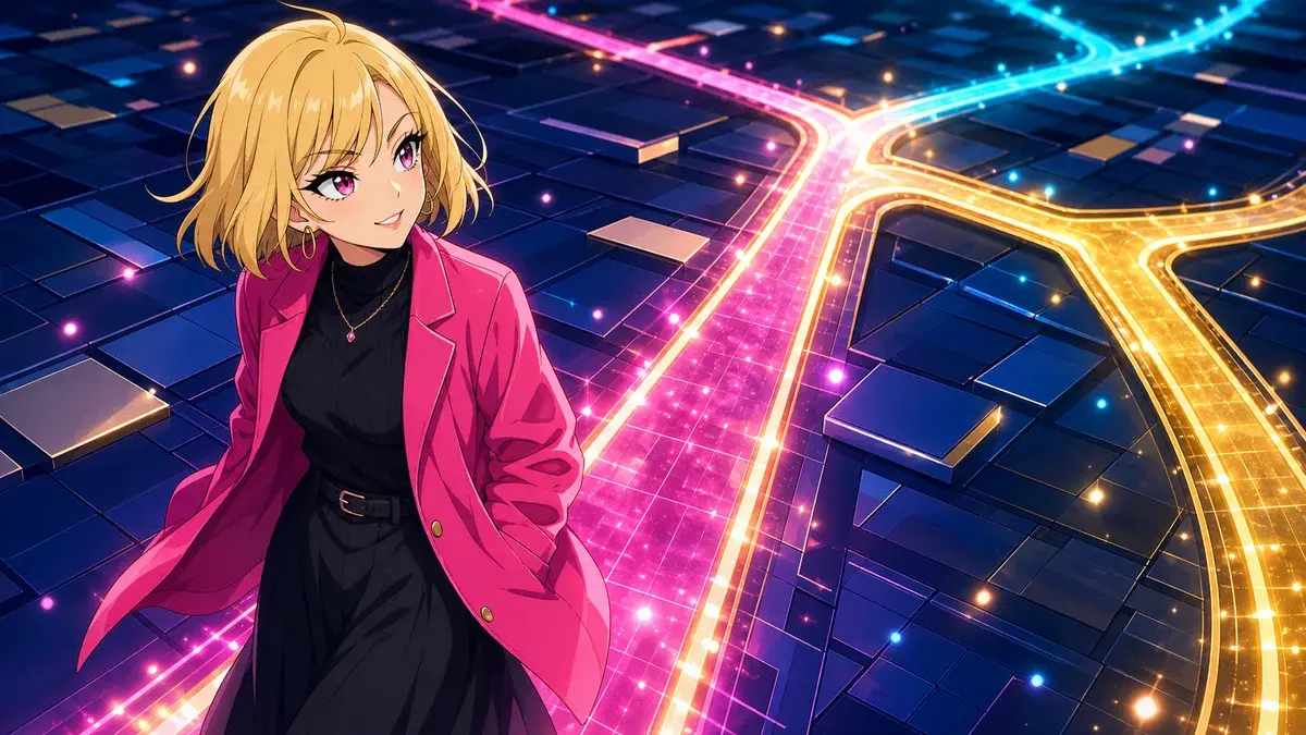 抽象都市の床に小さな新しい光の道を作る金髪ギャル少女のアニメ調イラスト