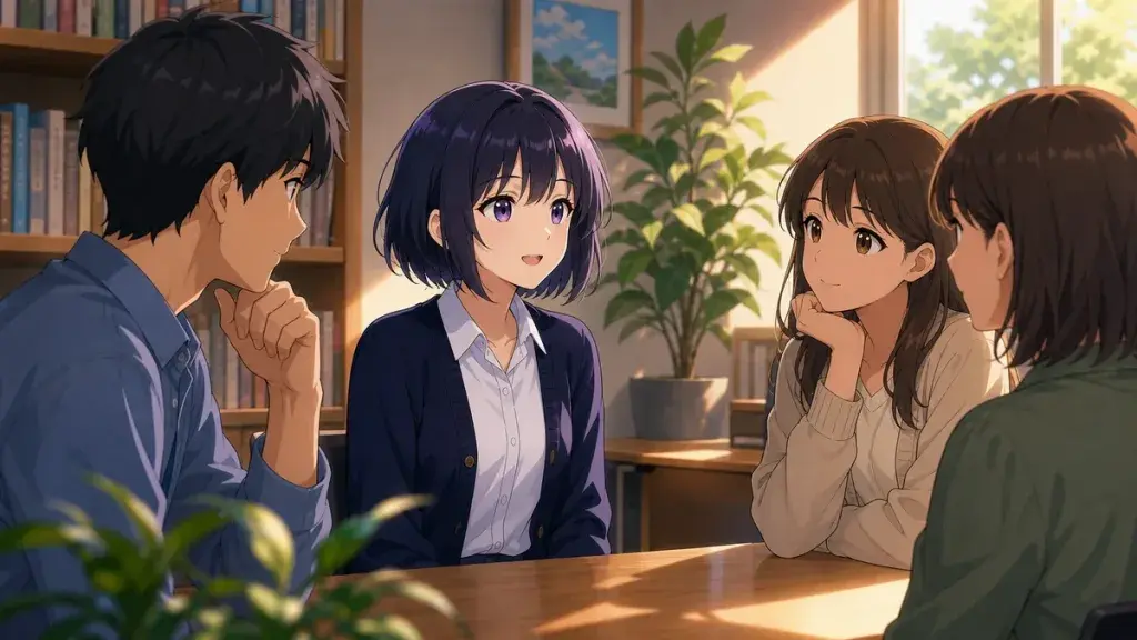 少人数の仲間へ静かな洞察を伝える黒髪少女のアニメ調イラスト