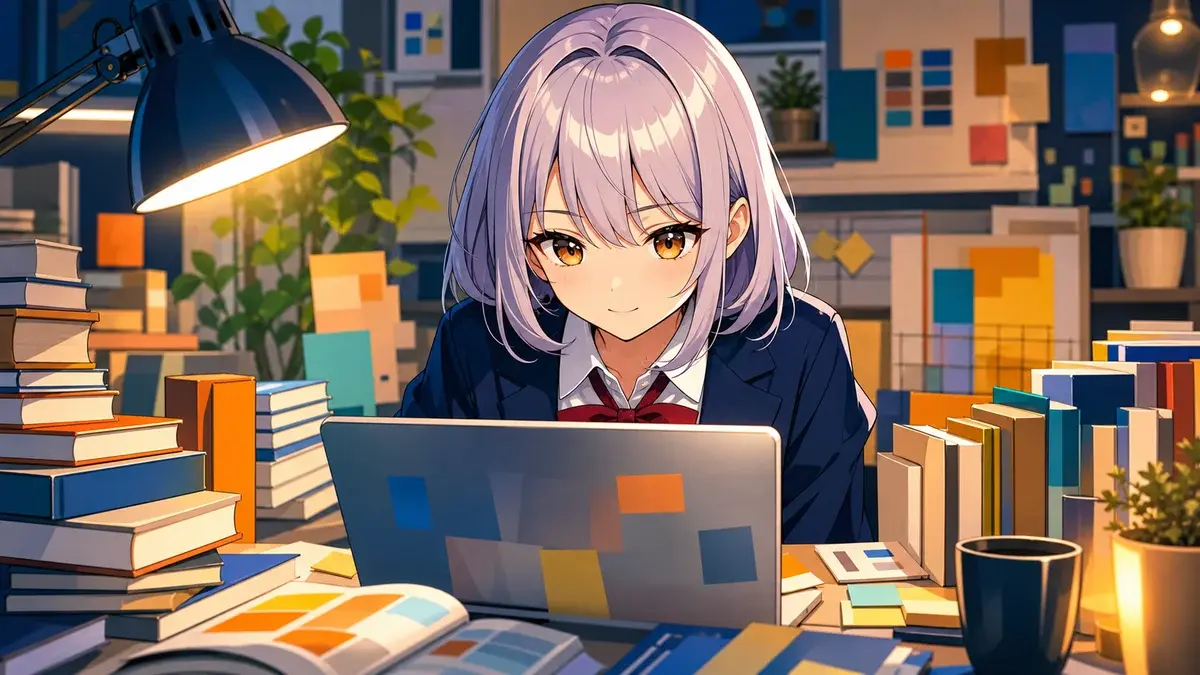 一人時間を読書や制作や学習に変える銀髪少女のアニメ調イラスト