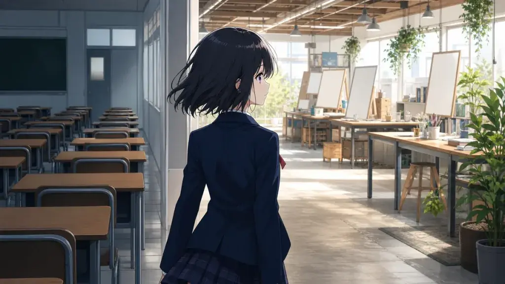 固定された席から離れて自由なプロジェクト空間へ歩き出す黒髪少女のアニメ調イラスト