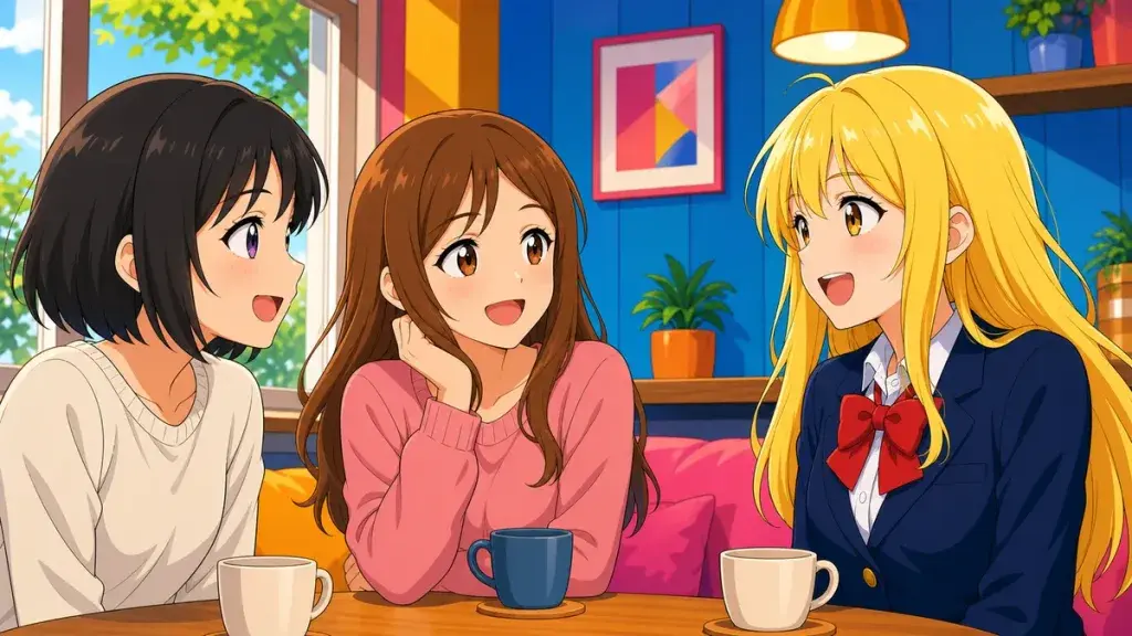 少数の友人と穏やかに話す金髪少女のアニメ調イラスト