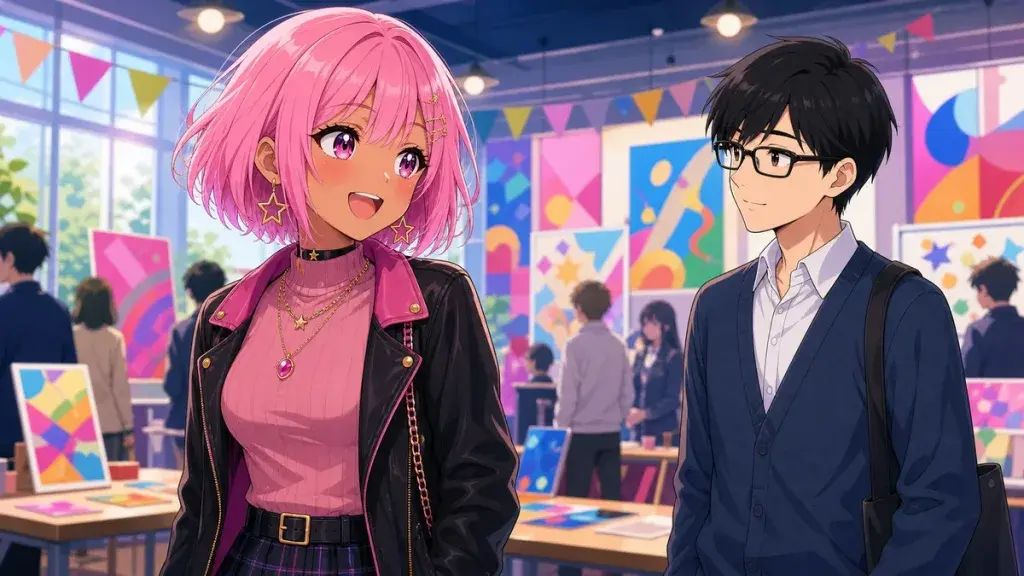 イベント会場で礼儀正しい距離感で話すピンク髪ギャルとオタク青年のアニメ調イラスト