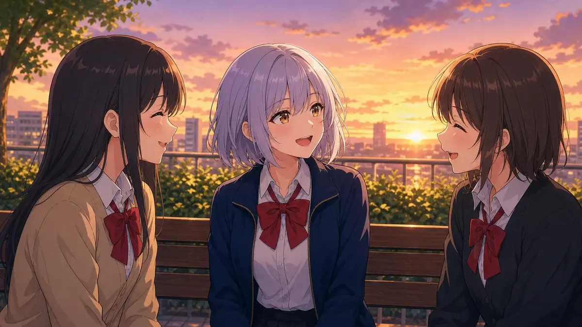 少数の信頼できる友人と穏やかに笑う銀髪少女のアニメ調イラスト