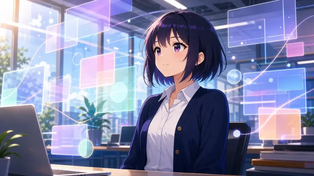 抽象的なAIパネルに囲まれ企画や品質確認で力を発揮する黒髪少女のアニメ調イラスト