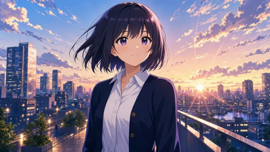 夜明けの街で静かに前を向く黒髪少女のアニメ調イラスト