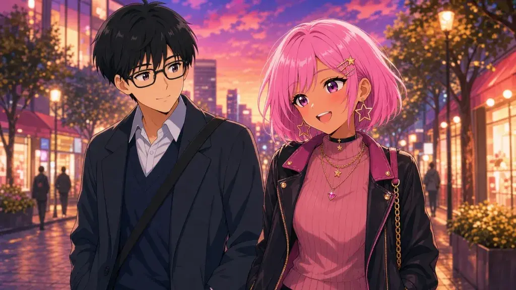 夕方の街を並んで歩くピンク髪ギャルとオタク青年のアニメ調イラスト