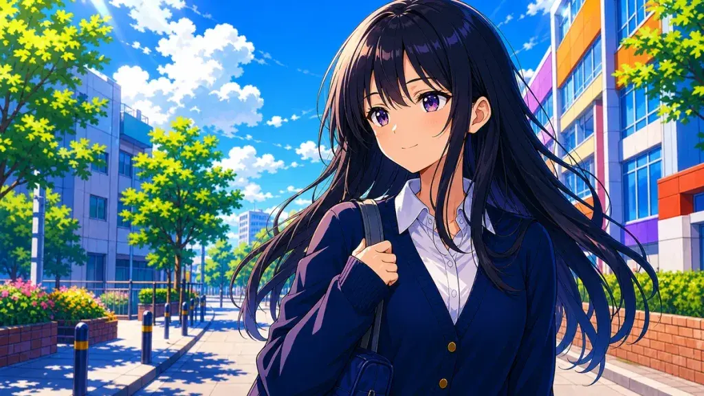 朝の街で静かな優しさを抱えて前を向く黒髪少女のアニメ調イラスト