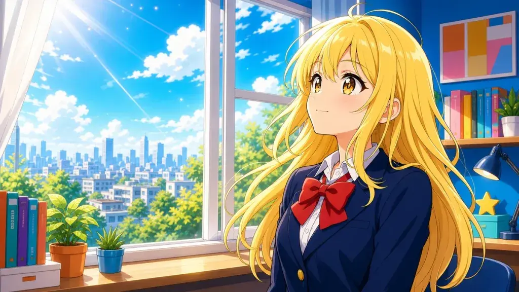 明るい窓辺で未来を見つめる金髪少女のアニメ調イラスト