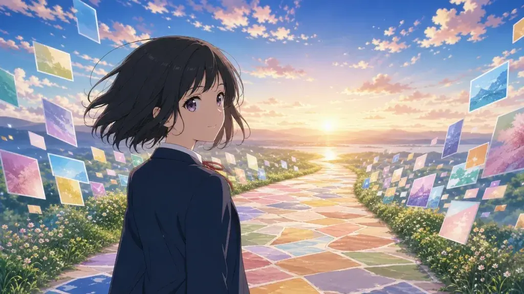 複数の経験を背負って朝の光へ進む黒髪少女のアニメ調イラスト