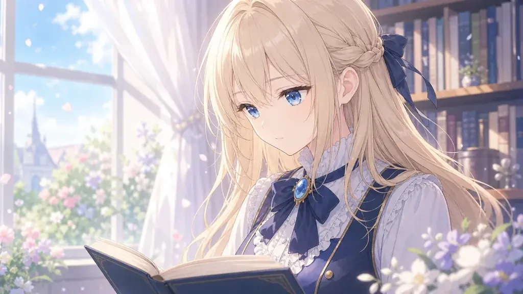 静かな部屋で読書に集中する美少女のアニメ調イラスト