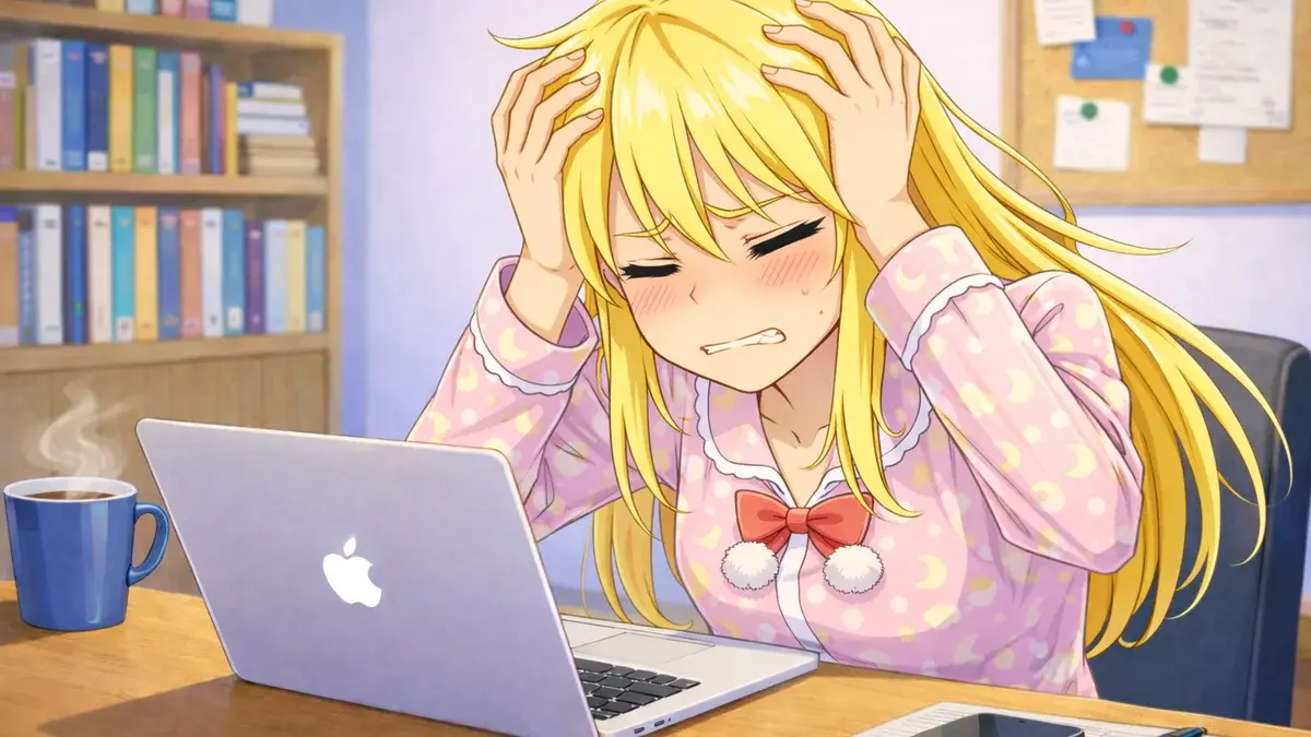 ノートパソコンの前で頭を抱える金髪女性のイラスト