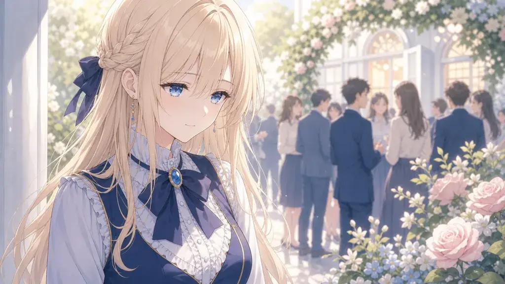 明るい集まりの端で少し疲れた表情を見せる美少女のアニメ調イラスト