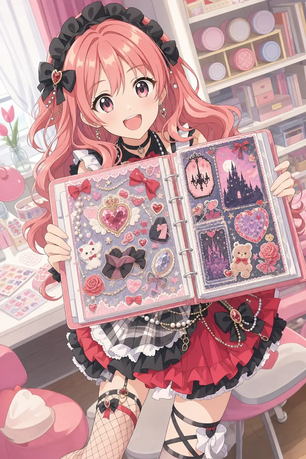 開いたシール帳を見せるアイドル風の女の子