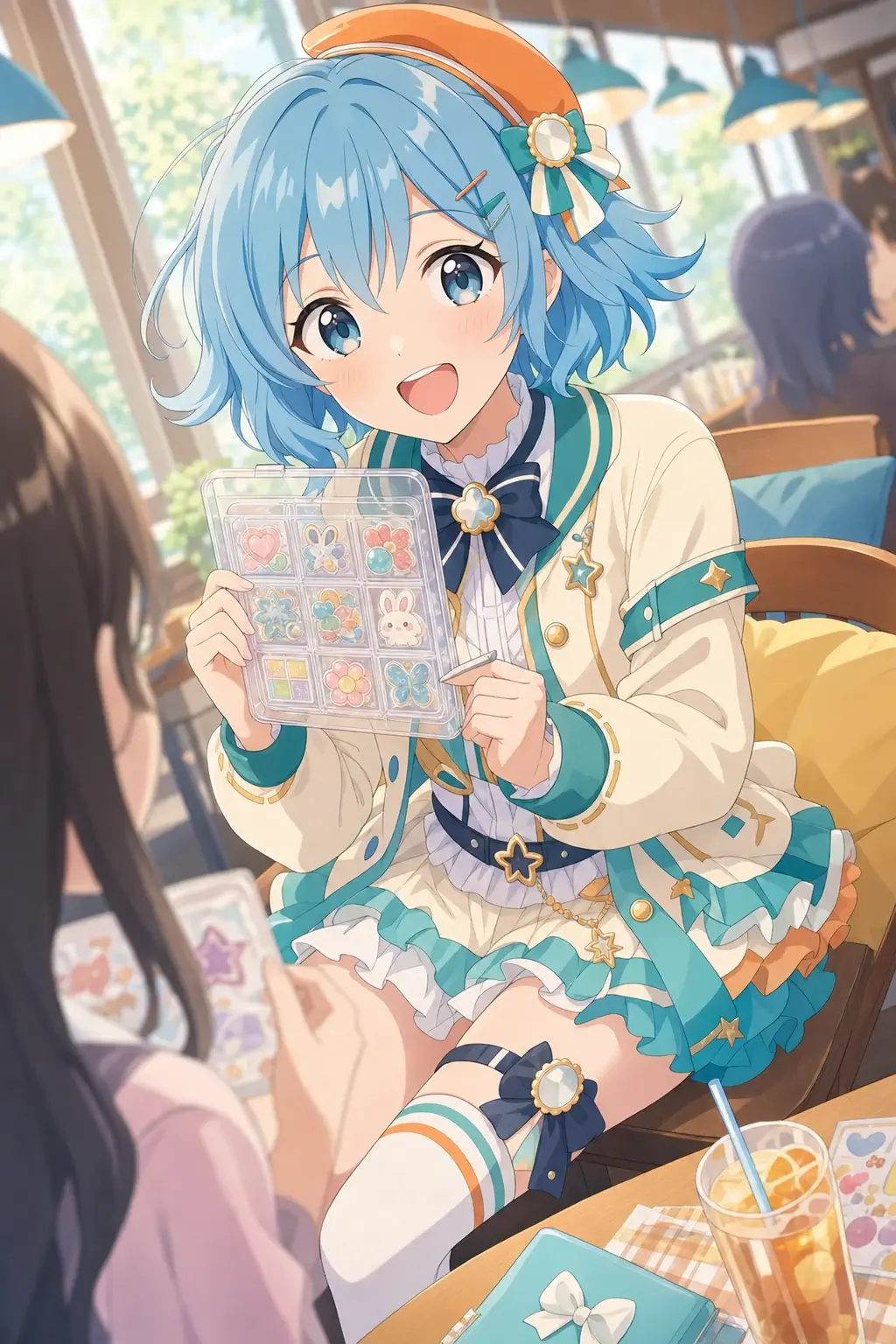 シール交換を楽しむアイドル風の女の子