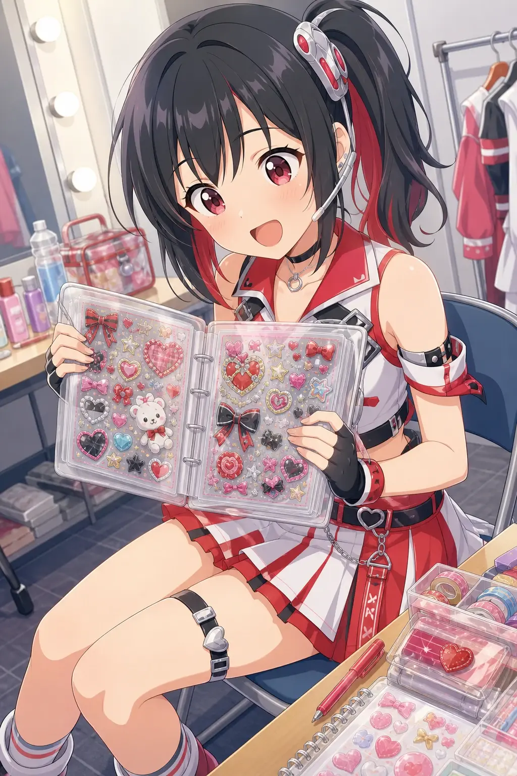 シール帳を宝物のように持つアイドル風の女の子