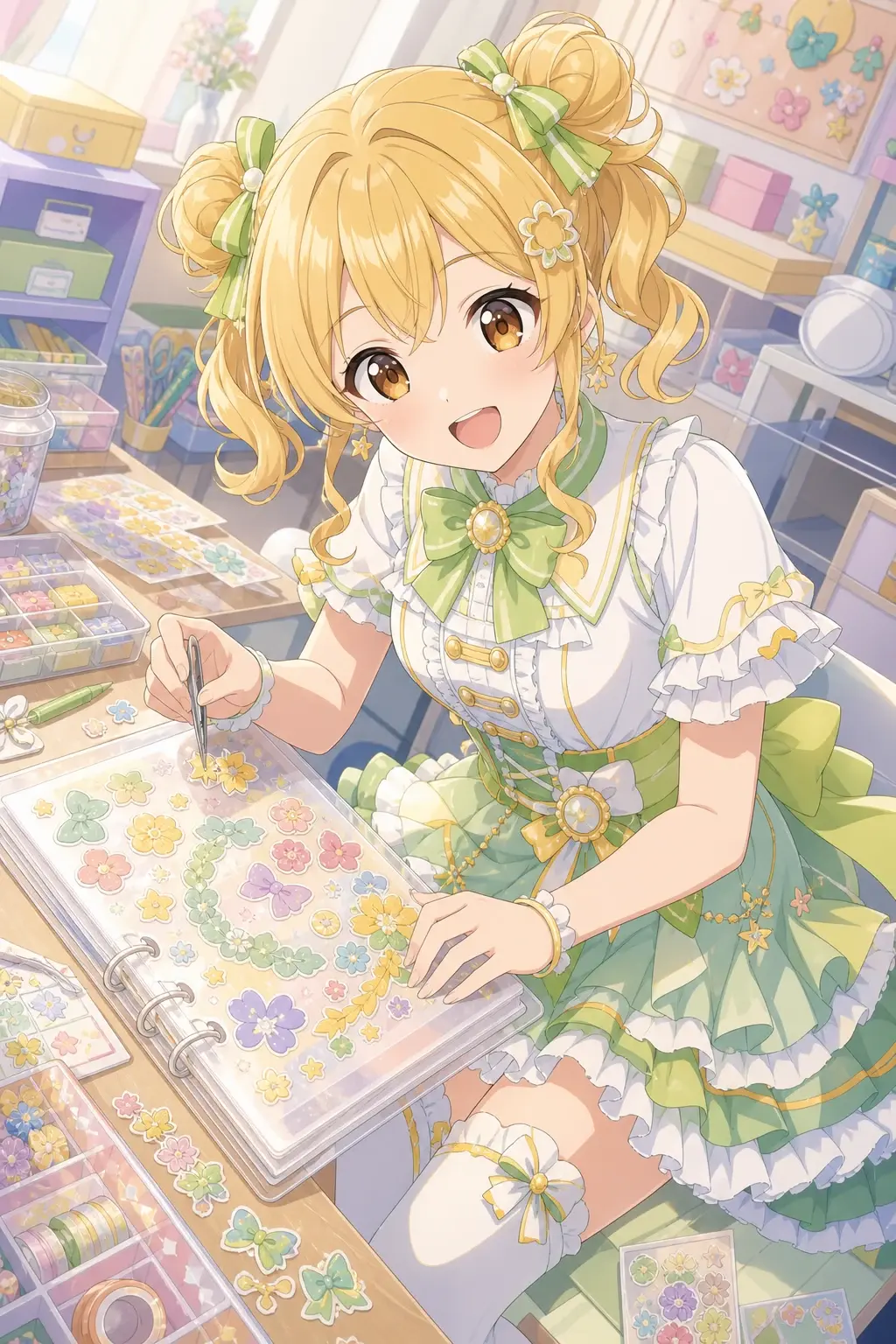 シール帳のページを作るアイドル風の女の子
