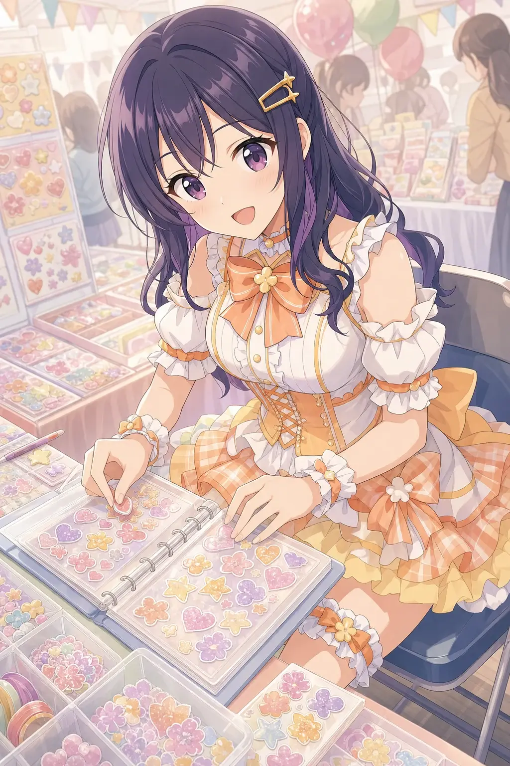 シール帳のページを整えるアイドル風の女の子