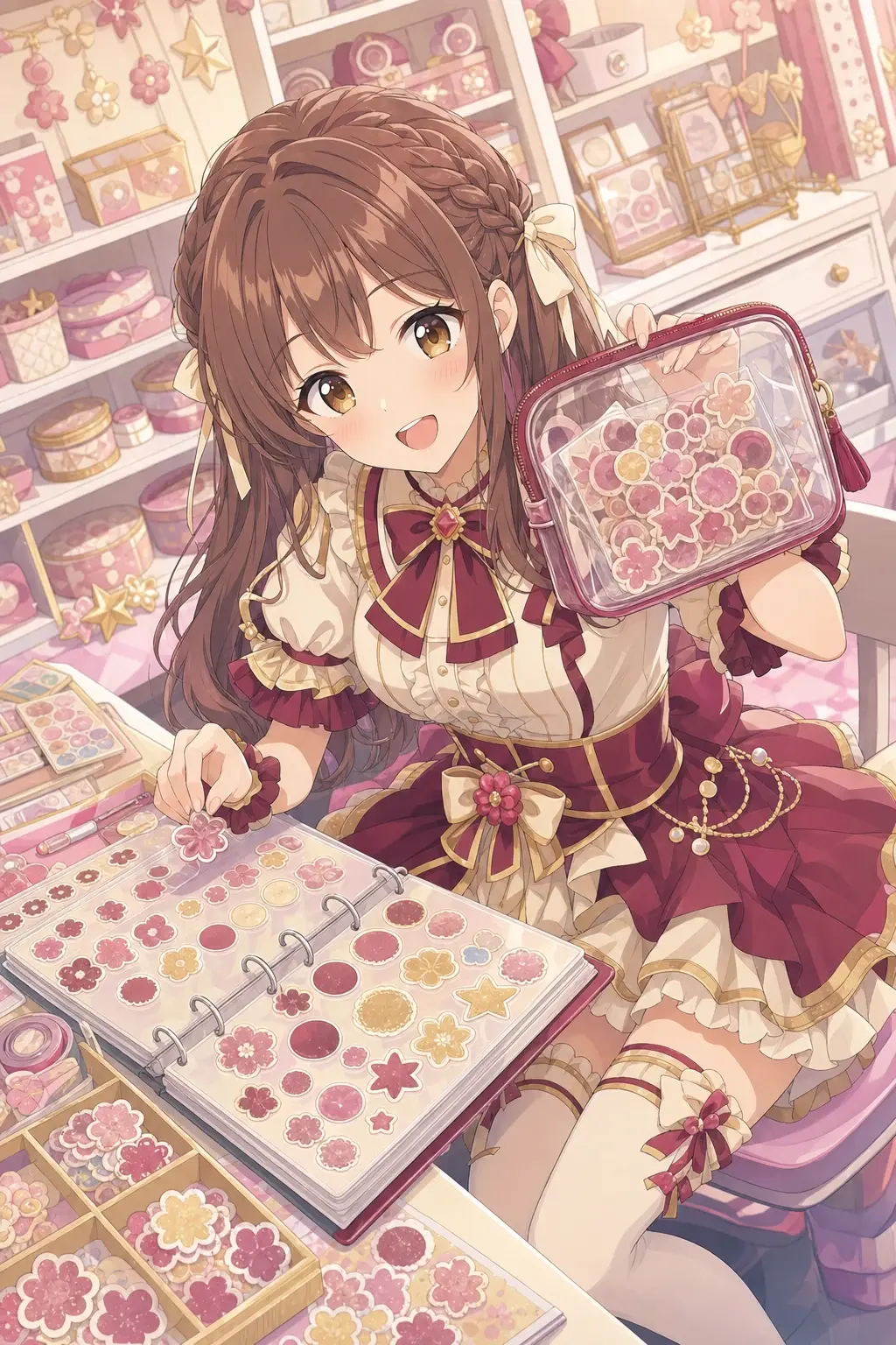 推し色のシール帳を作るアイドル風の女の子