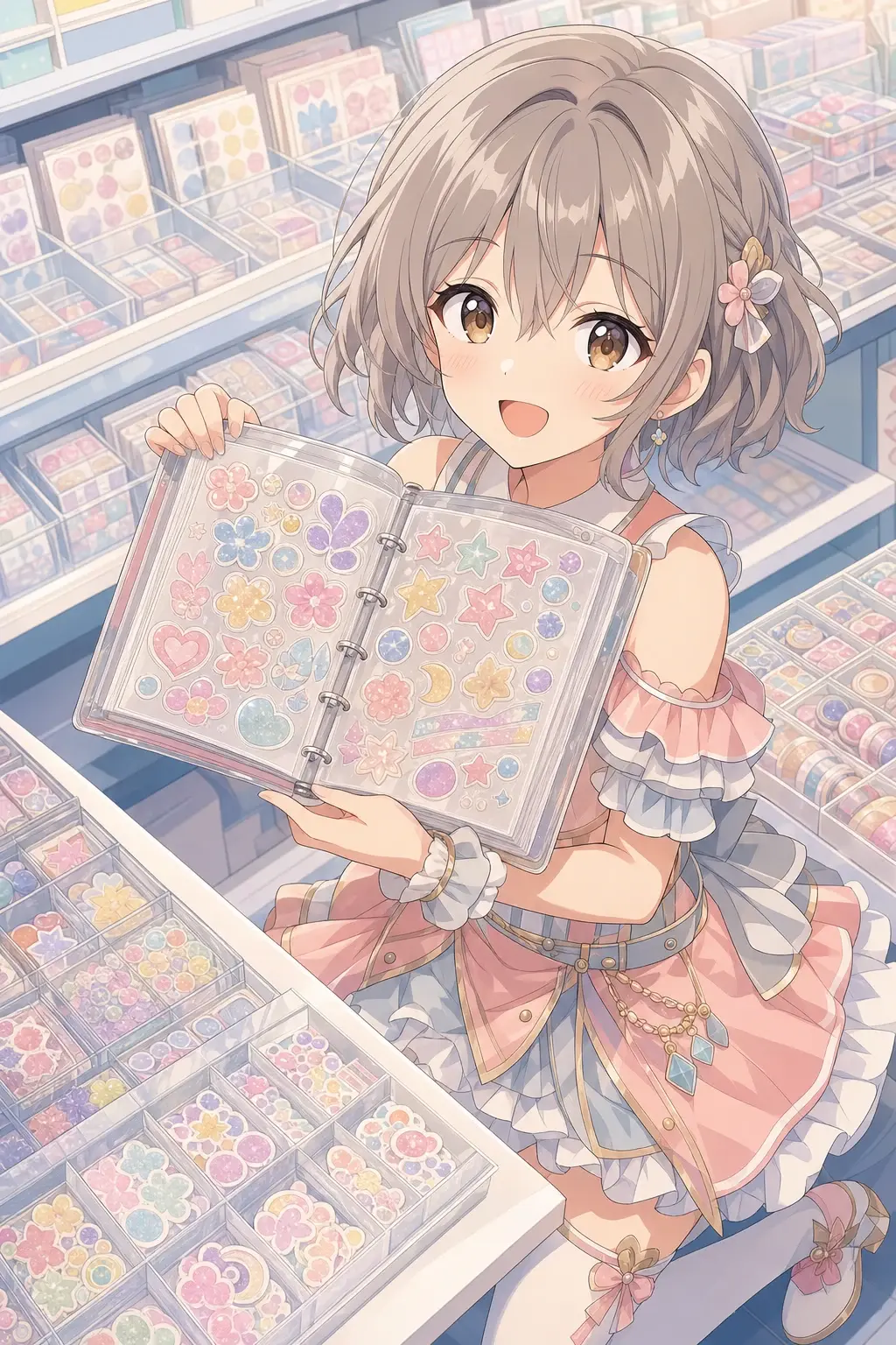 完成したシール帳を持つアイドル風の女の子