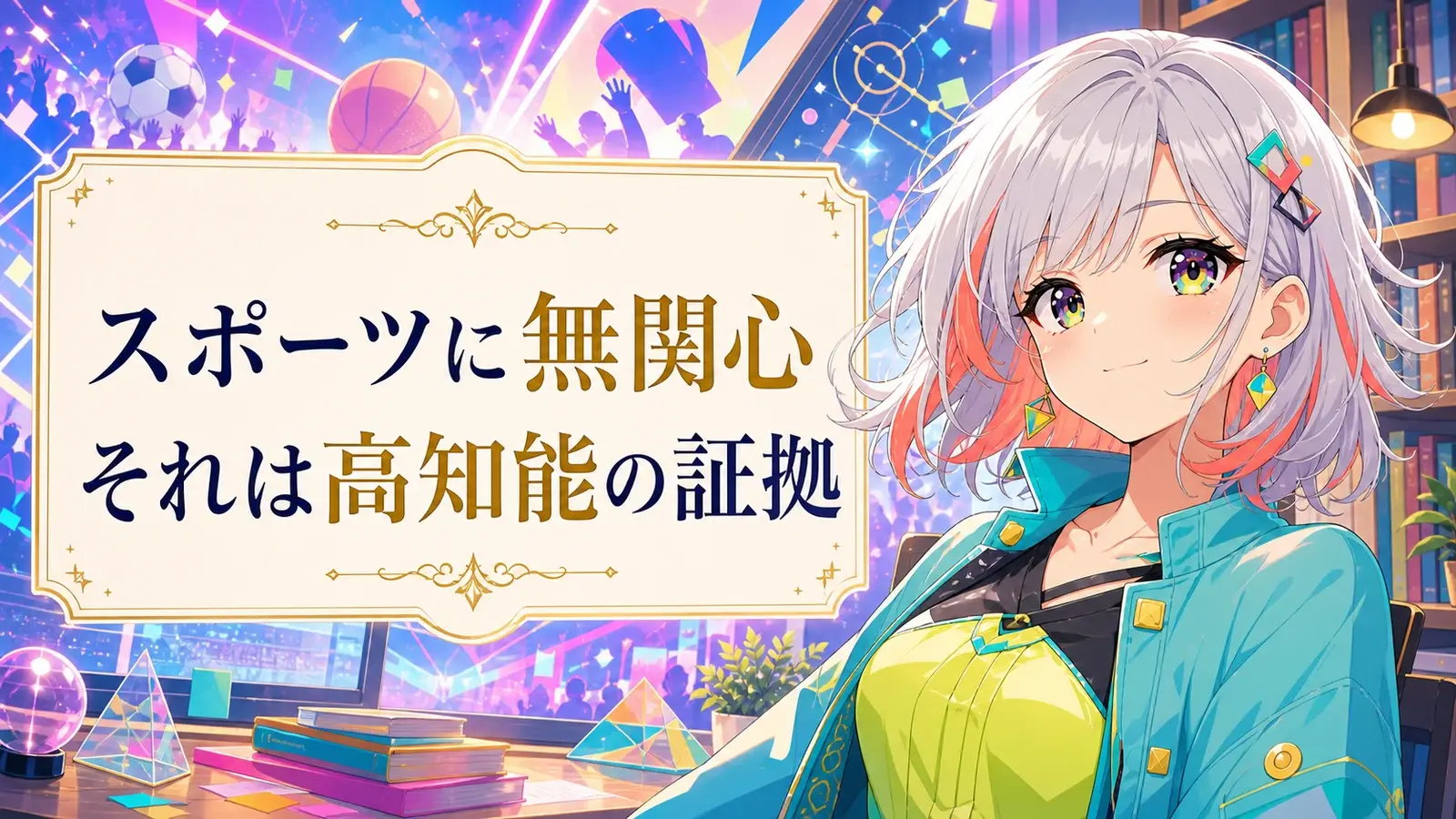 スポーツに無関心は高知能の証拠と伝えるアニメ調アイキャッチ